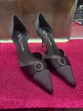 Nina Black Satin Pointed D'Orsay Pumps with Rhinestone Circle Accent